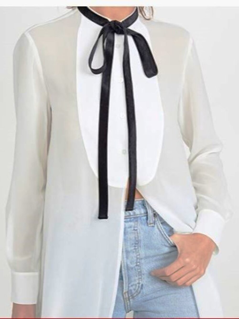 SiLK Club Monaco Sheer White Tuxedo Tunic Shirt Dramatic Black Velvet Neck Tie M